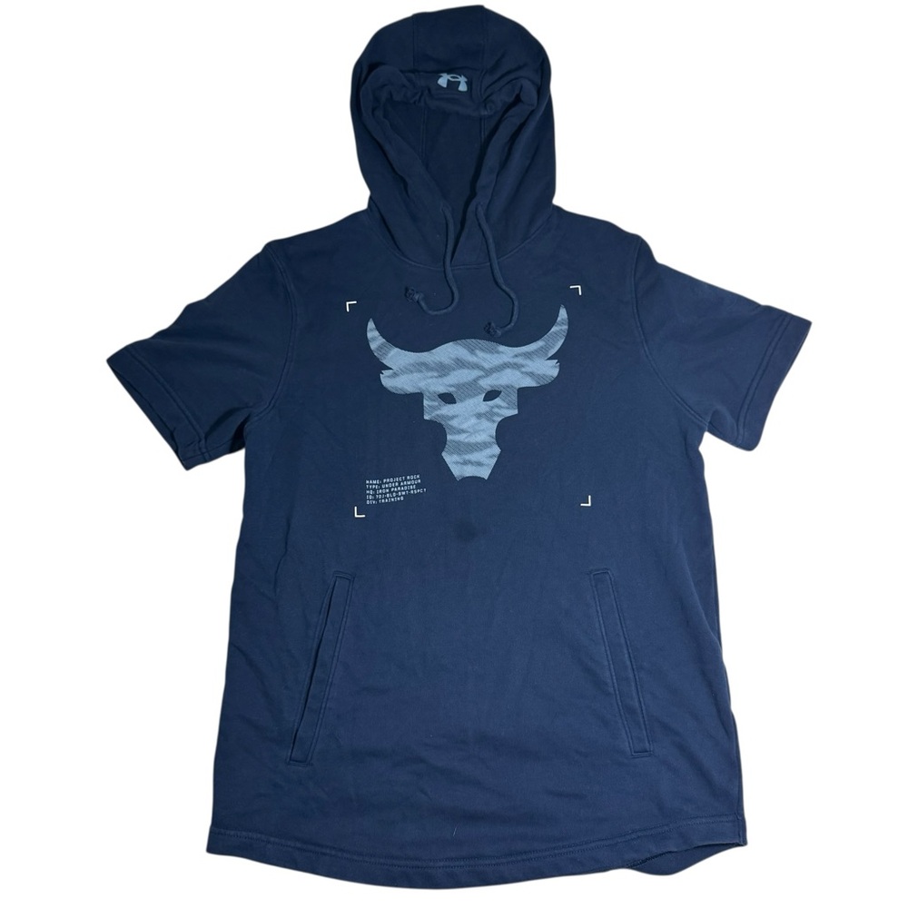 Under Armour Project Rock Short Sleeve Terry Hoodie Men Size Small navy blue gym